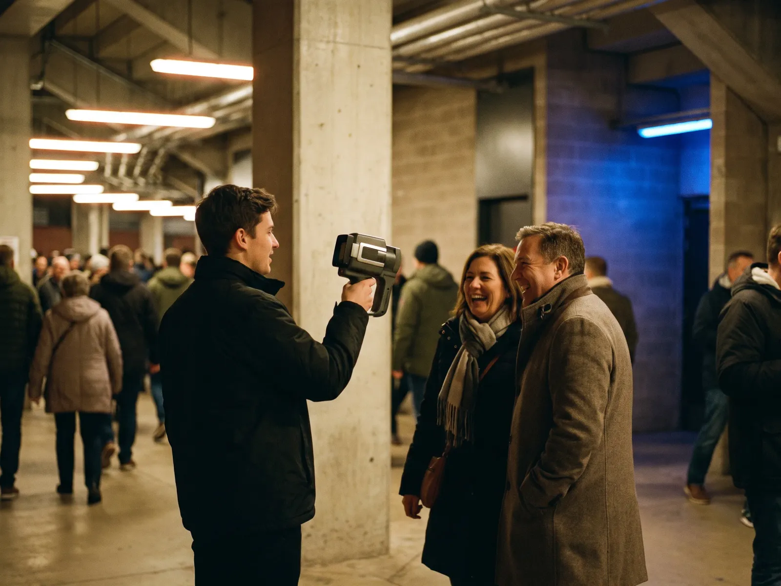 A brand ambassador with a handheld capture device photographing visitors on a stadium concourse