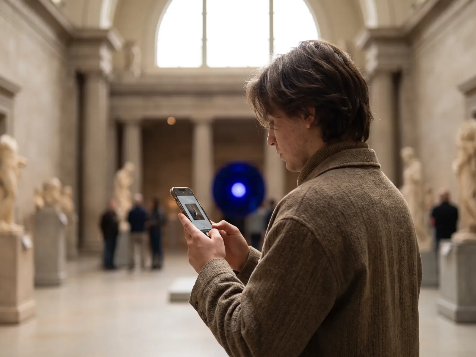 A person holding their phone showing the branded photo they have just received