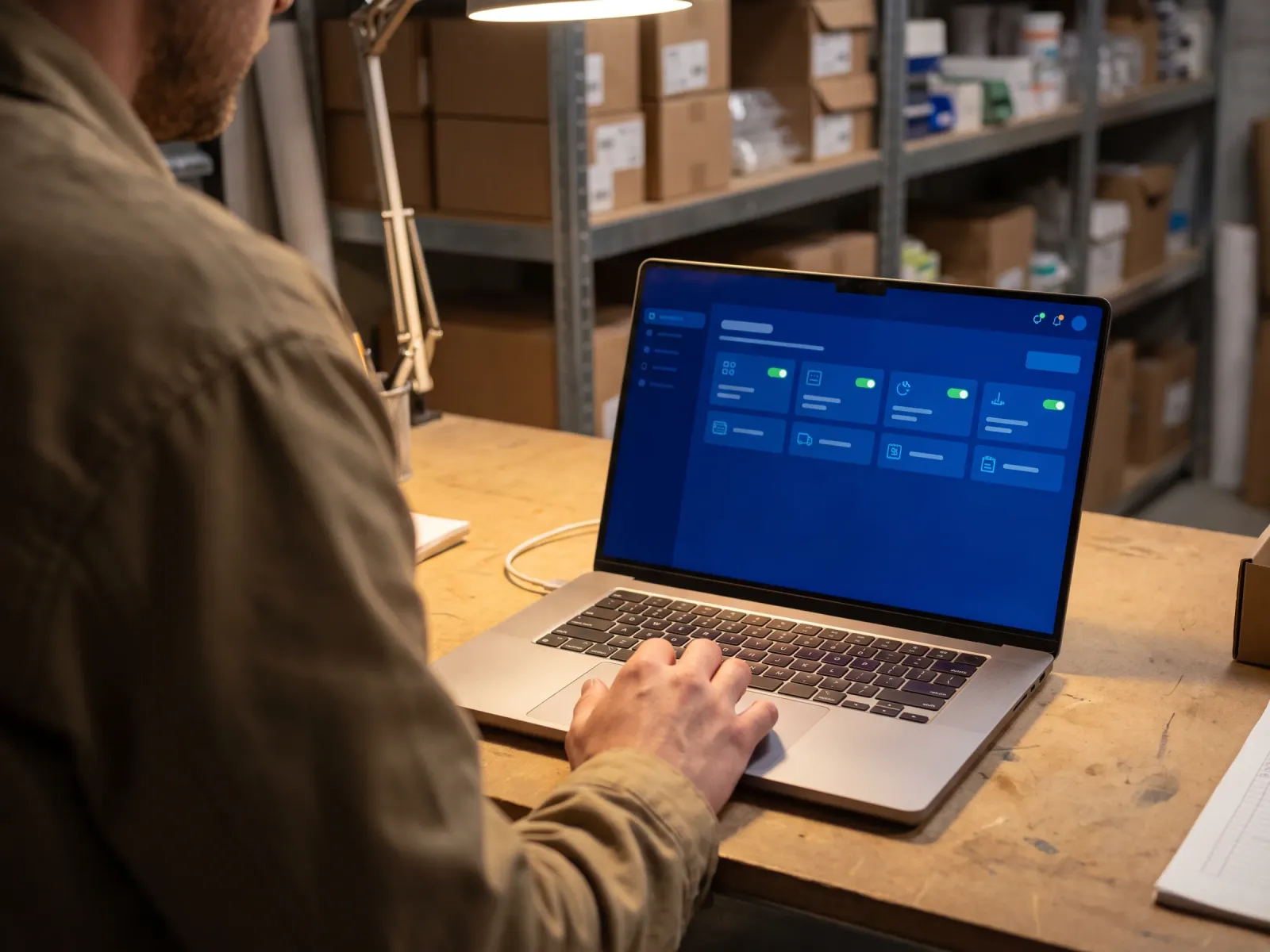 A laptop on a back-of-house desk showing a control dashboard listing many locations