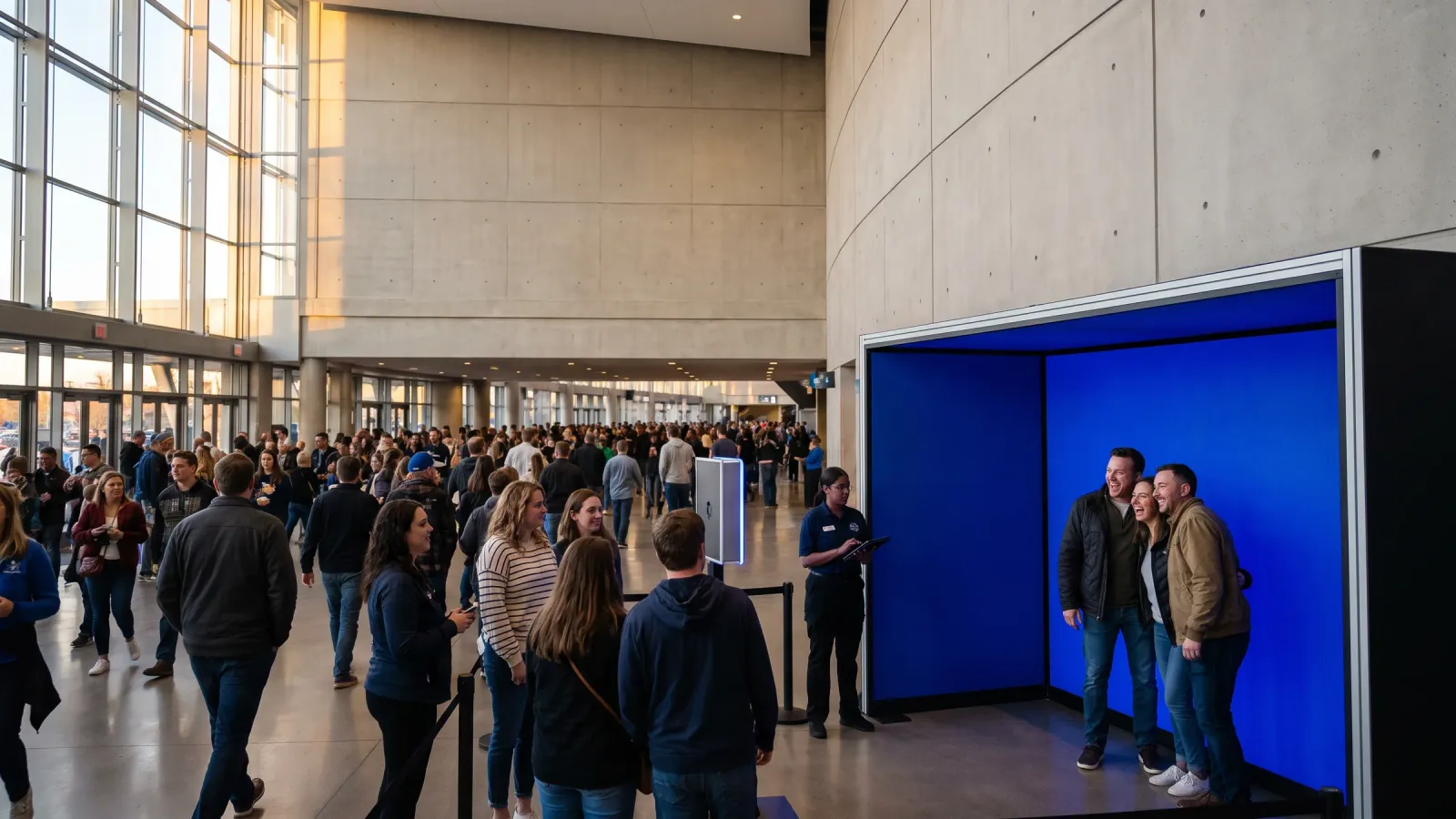 A branded photo installation against the wall of a flagship retail store, two people mid-capture while a staff member checks a tablet nearby