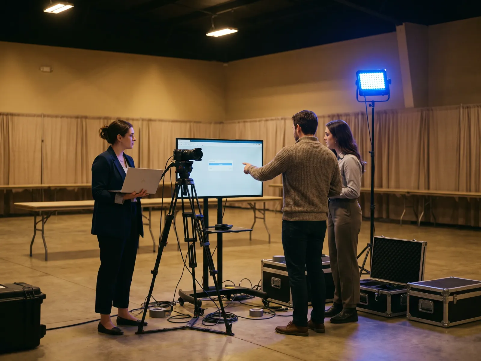 An agency team reviewing a branded activation build before an event opens