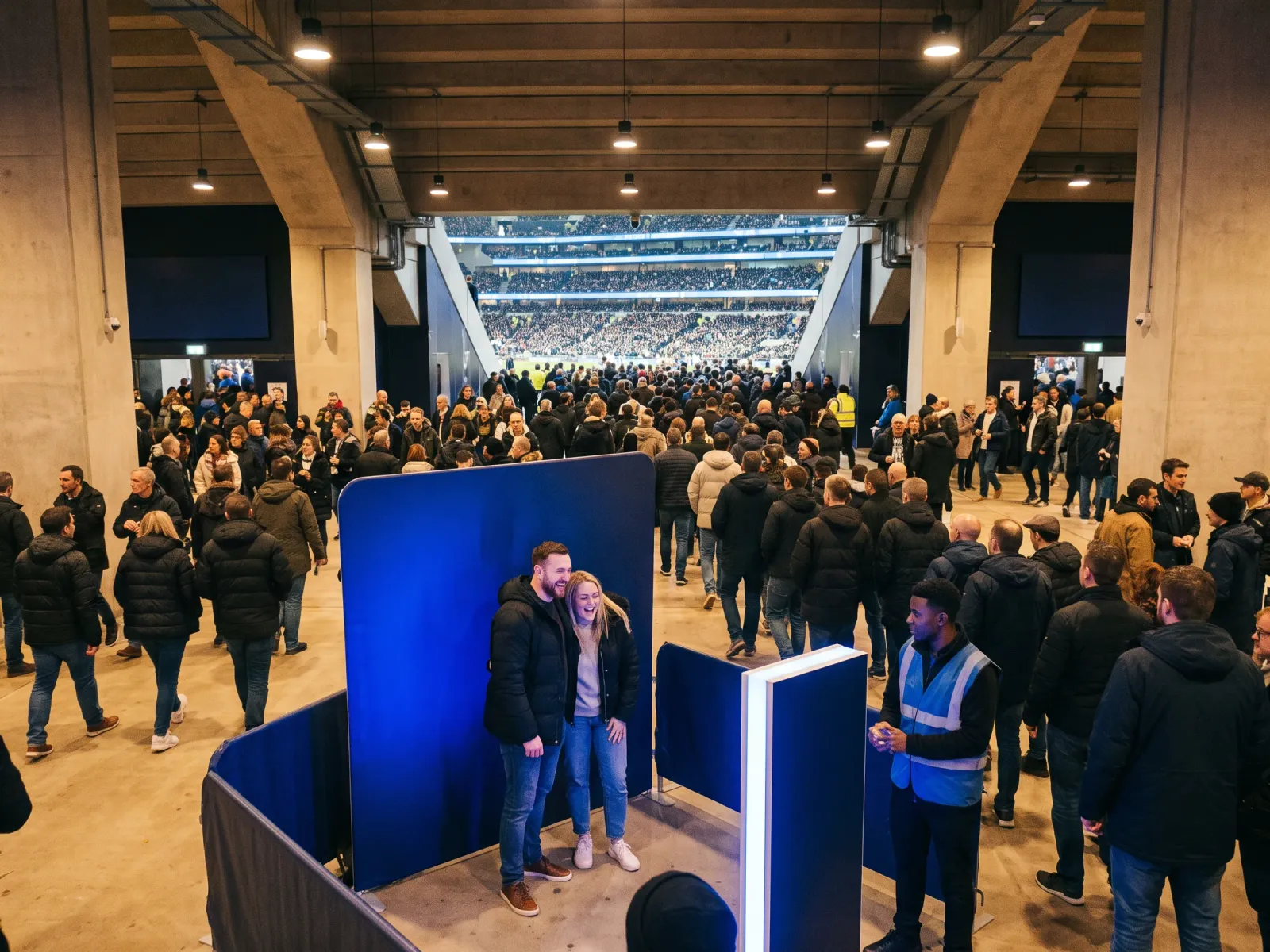 Fans taking part in a branded photo experience on a stadium concourse