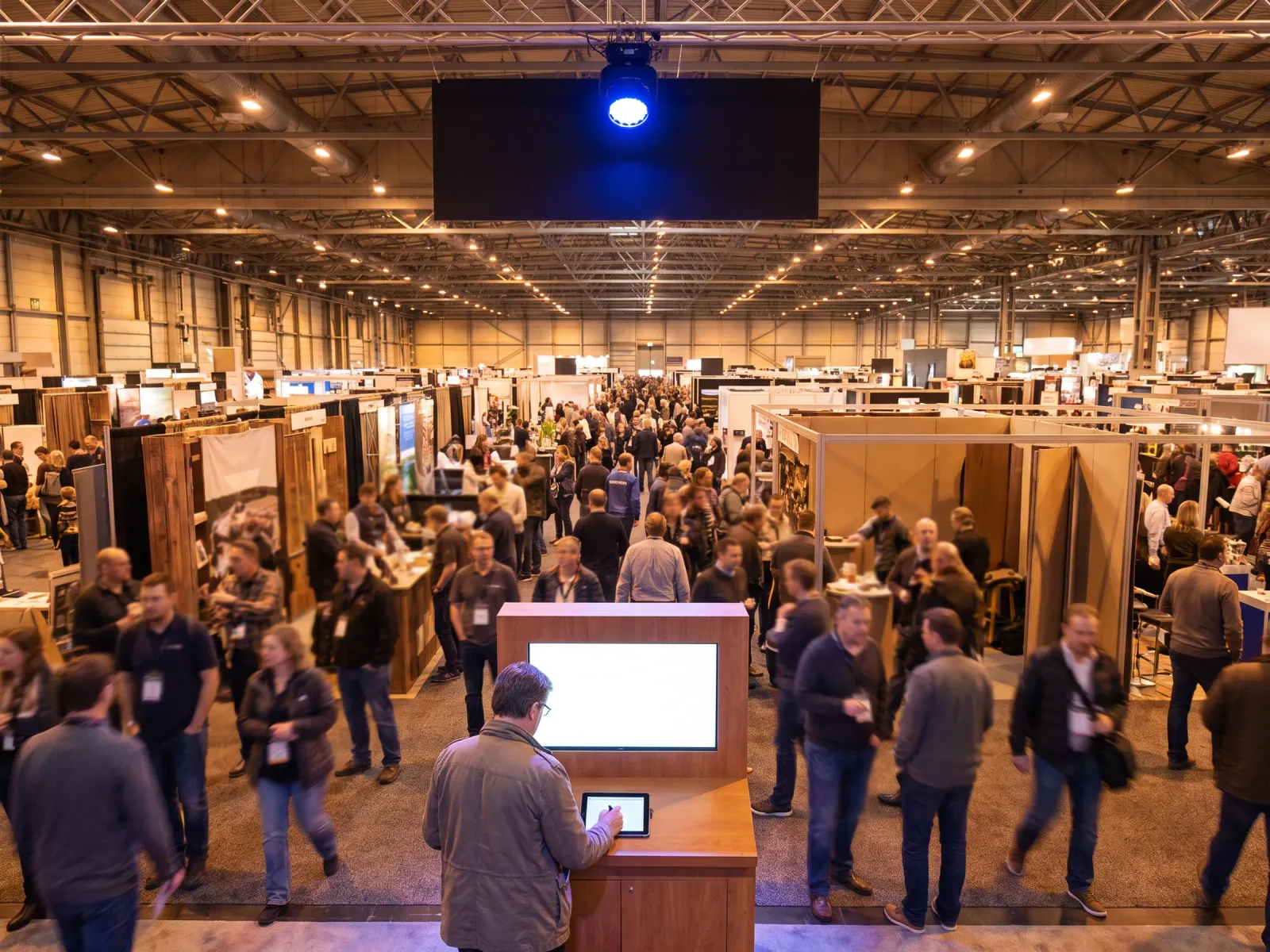 A compact photo experience on a trade show stand with a visitor completing a survey