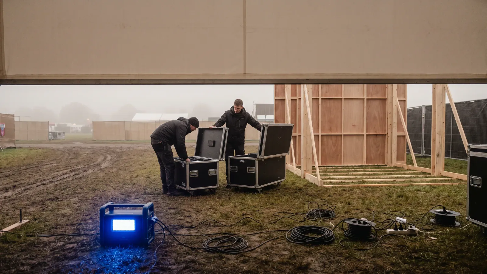 Flight cases and a partly assembled branded installation at a festival load-in