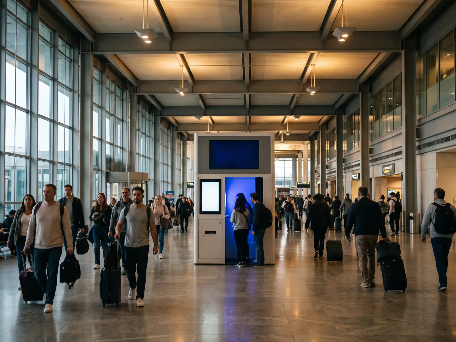 The same branded photo installation running in an airport terminal hall
