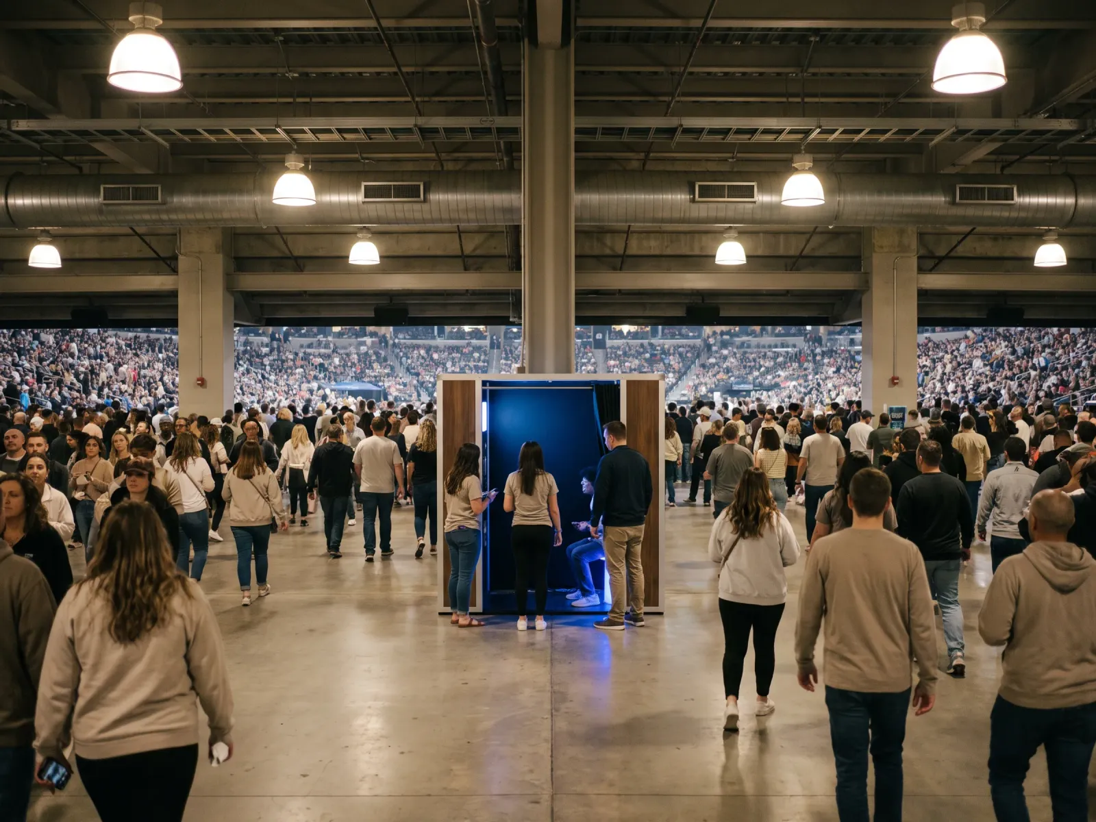 The same branded photo installation running in an arena concourse