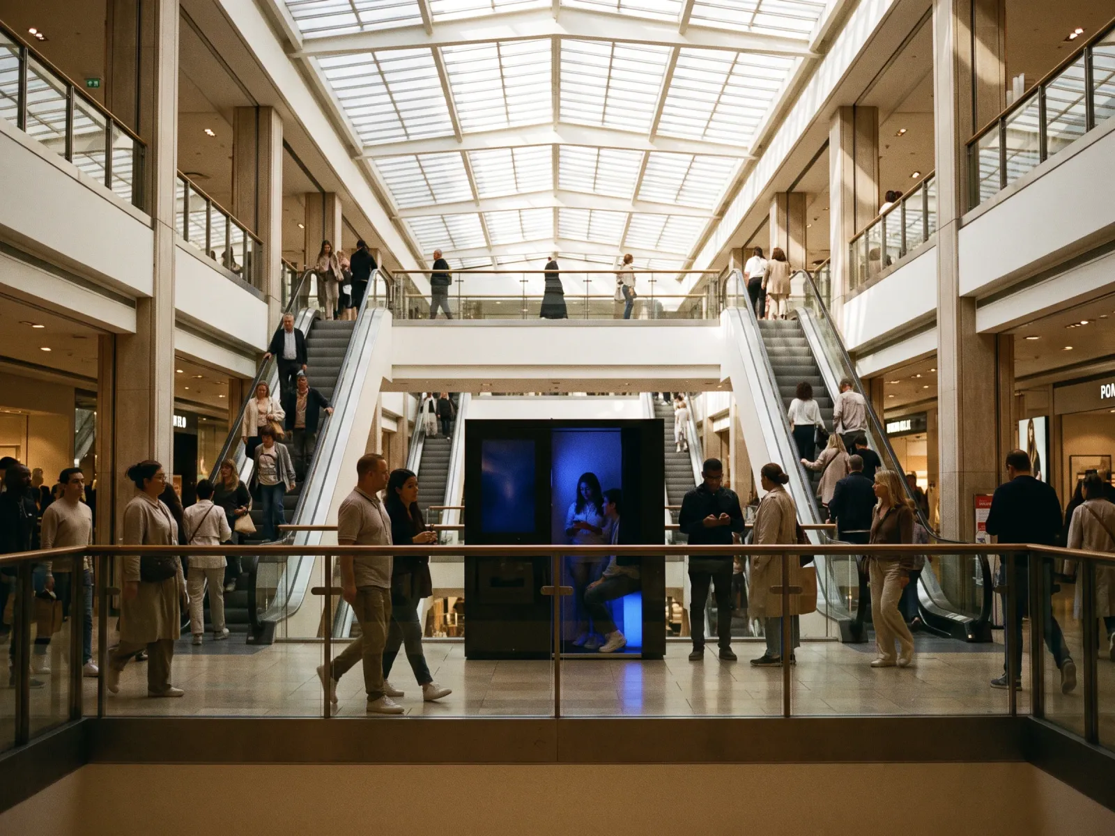 The same branded photo installation running in a flagship store atrium